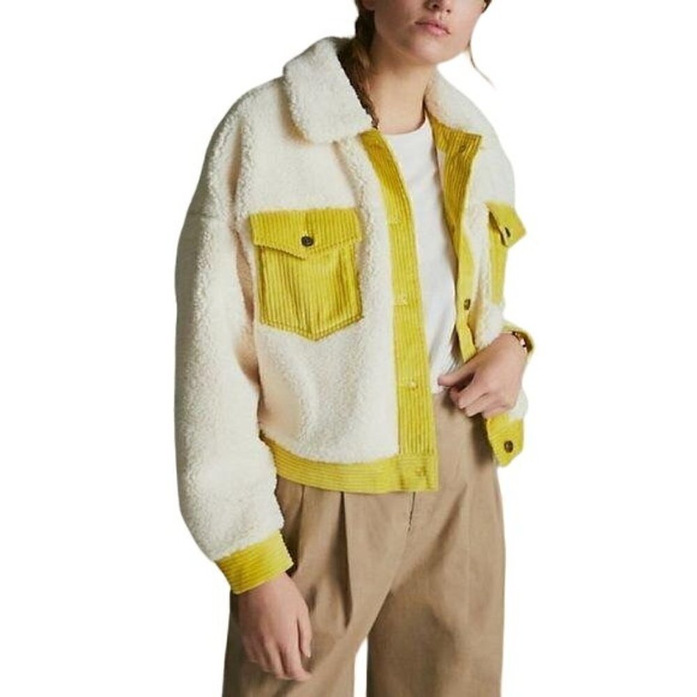 Anthropologie Leslie Sherpa Jacket Size M, Ecru, Yellow NWT - Picture 1 of 16